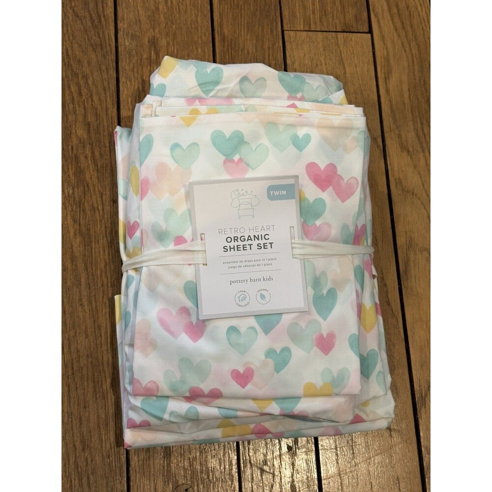 POTTERY BARN KIDS Twin Sheet Set Fitted Flat Pillowcase Org Cotton retro hearts